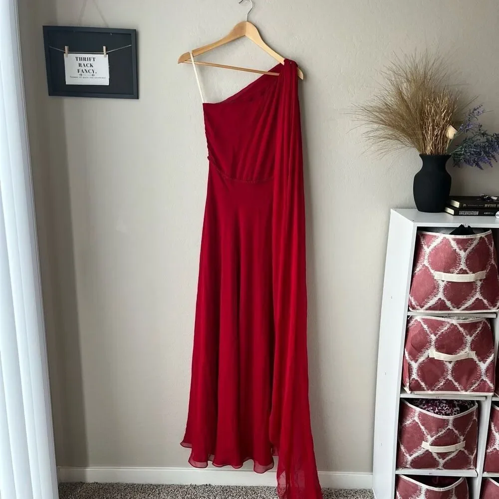 Naeem Khan Red 100% Silk Draped One-Shoulder Braided Waist‎ Chiffon Gown Size 4 - Picture 2 of 13